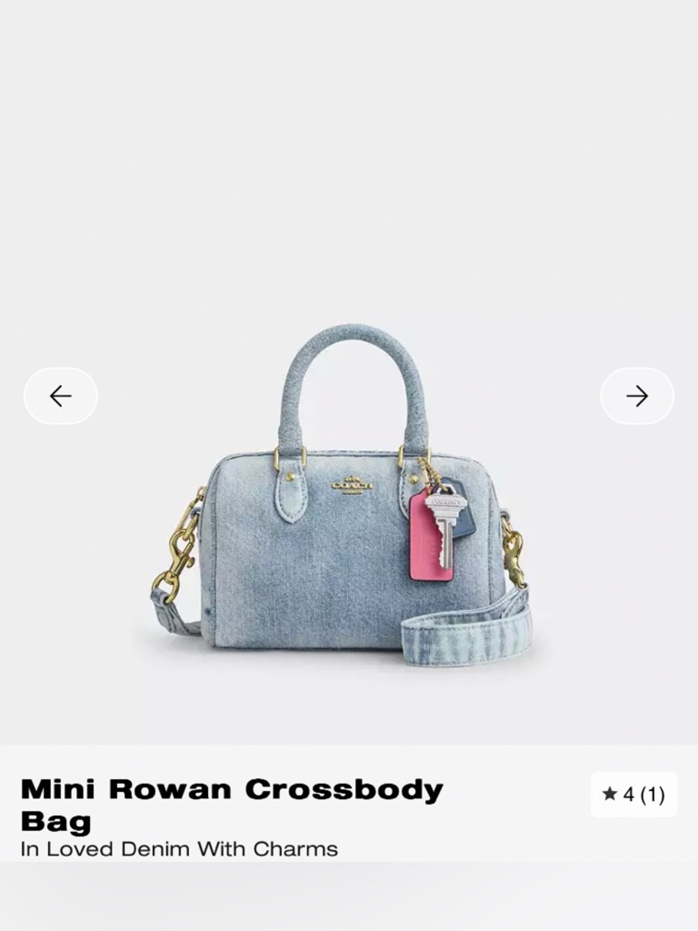 Coach Mini Rowan Denim Crossbody Bag in Light Blue with Charms